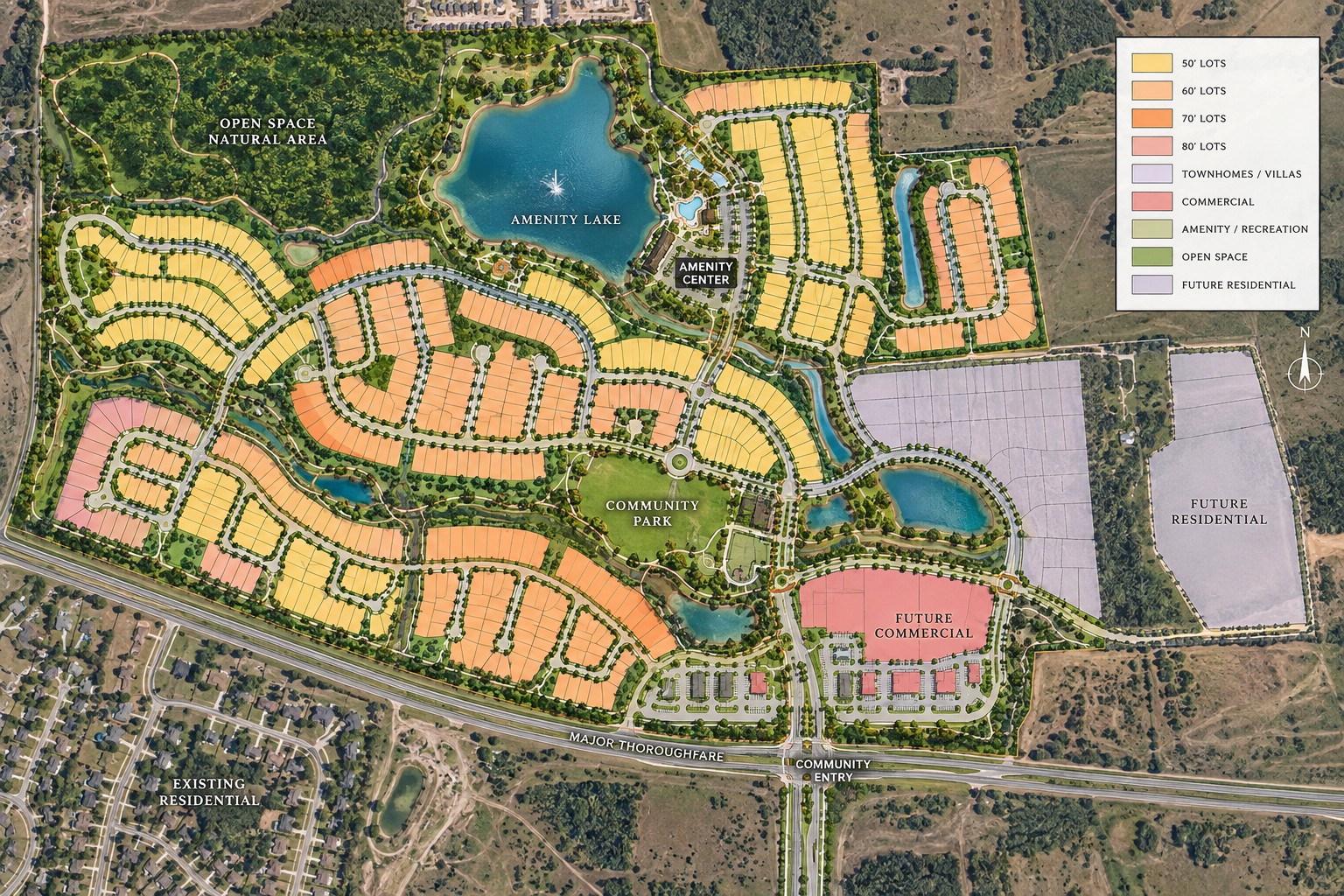 Master-planned community land plan showing 50 to 80 foot lots, townhomes, an amenity lake and center, community park, open space and future commercial